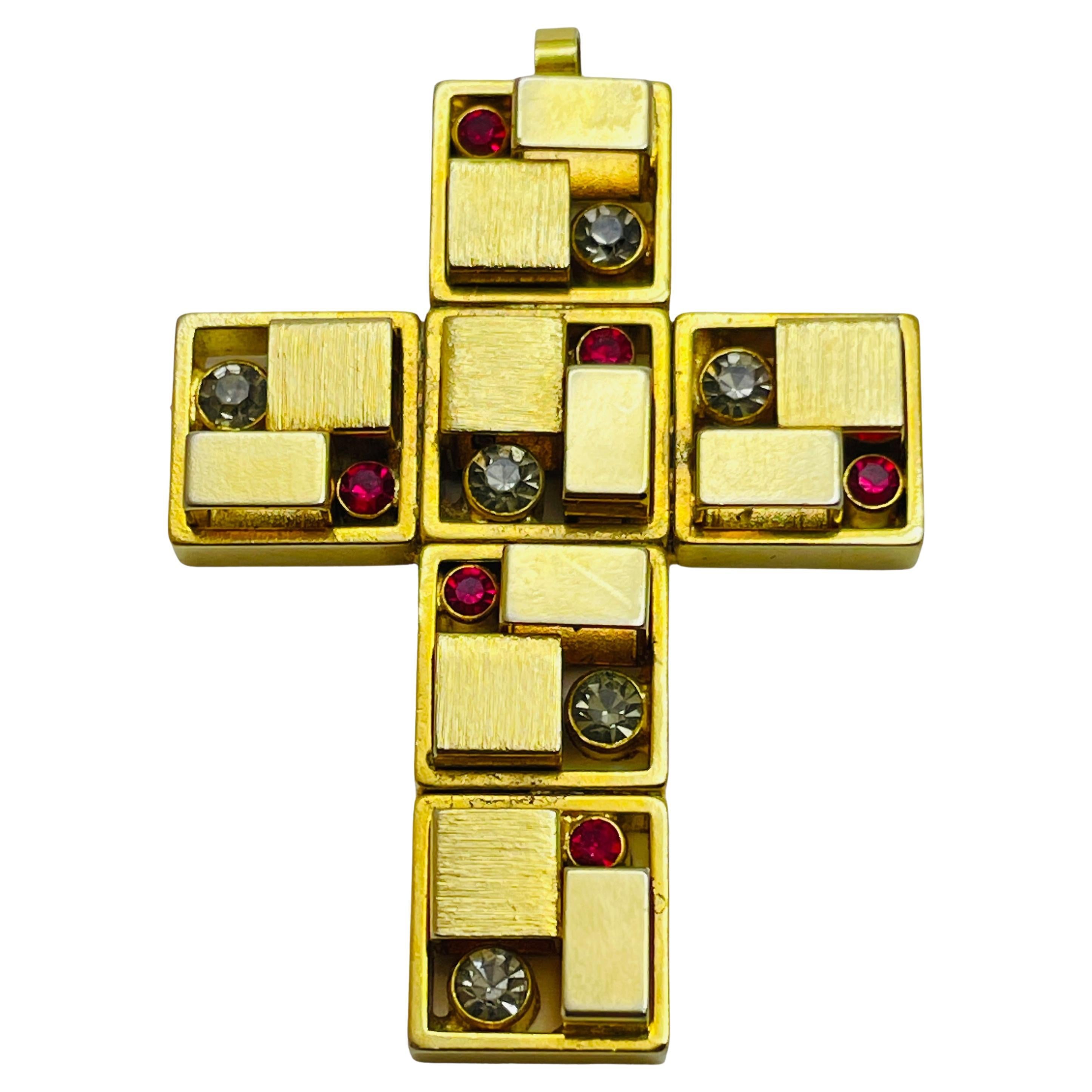 Vintage gold tone rhinestone Art Deco cross pendant