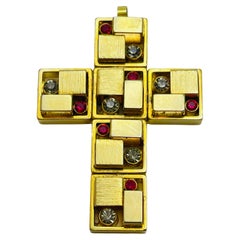 Pendentif croix Art Deco vintage en strass doré