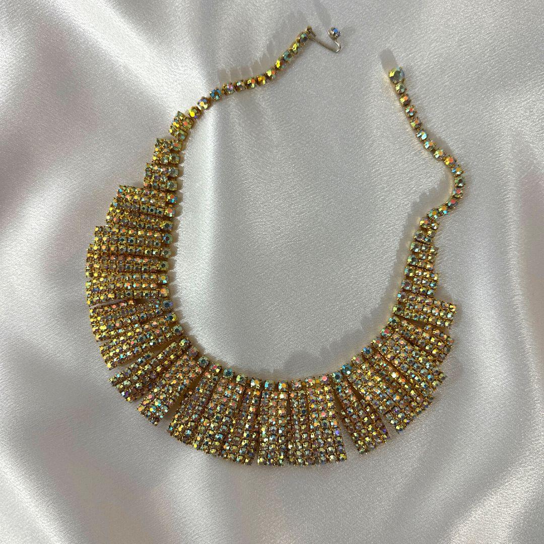 Art Deco Vintage Gold Tone Rhinestone Bib Necklace For Sale