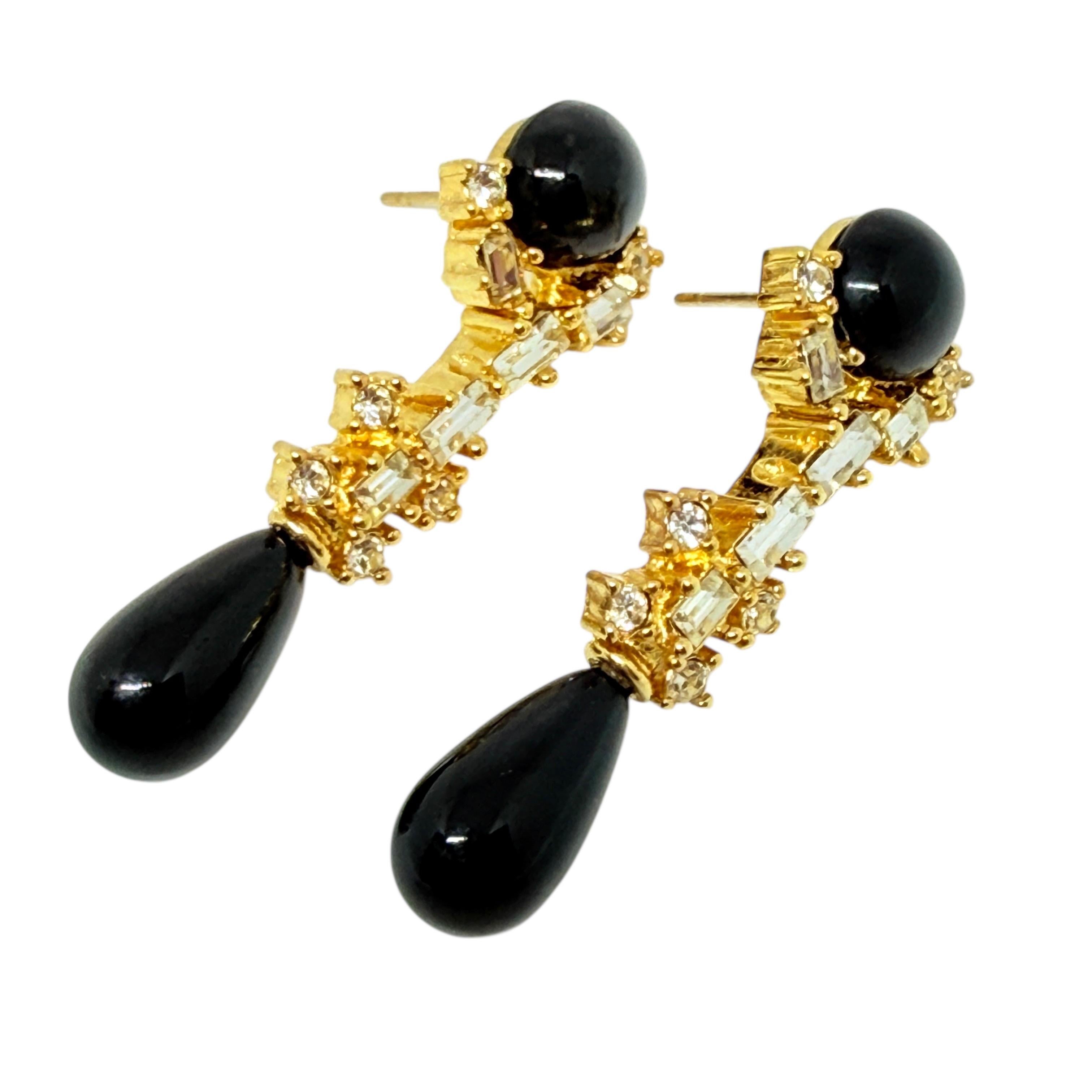 Vintage gold tone rhinestone black drops designer 80's earrings For Sale 1