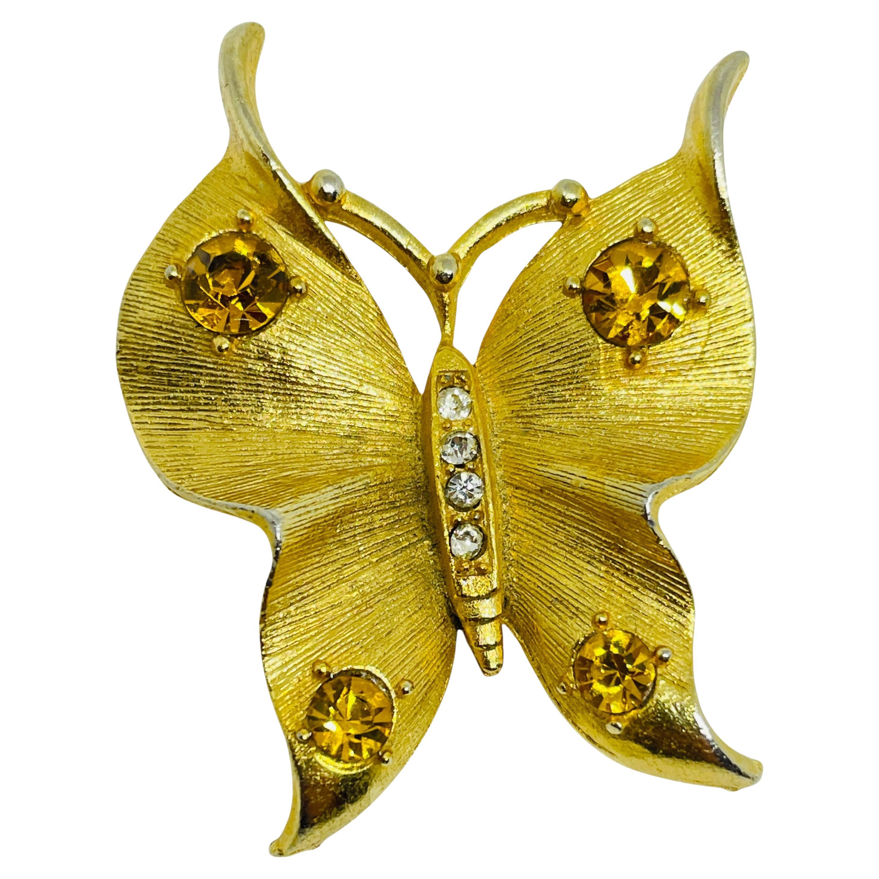 Spilla vintage di design con farfalla in strass in tonalità oro