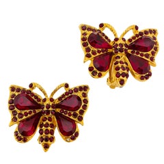 Vintage gold tone rhinestone butterfly designer clip on earrings