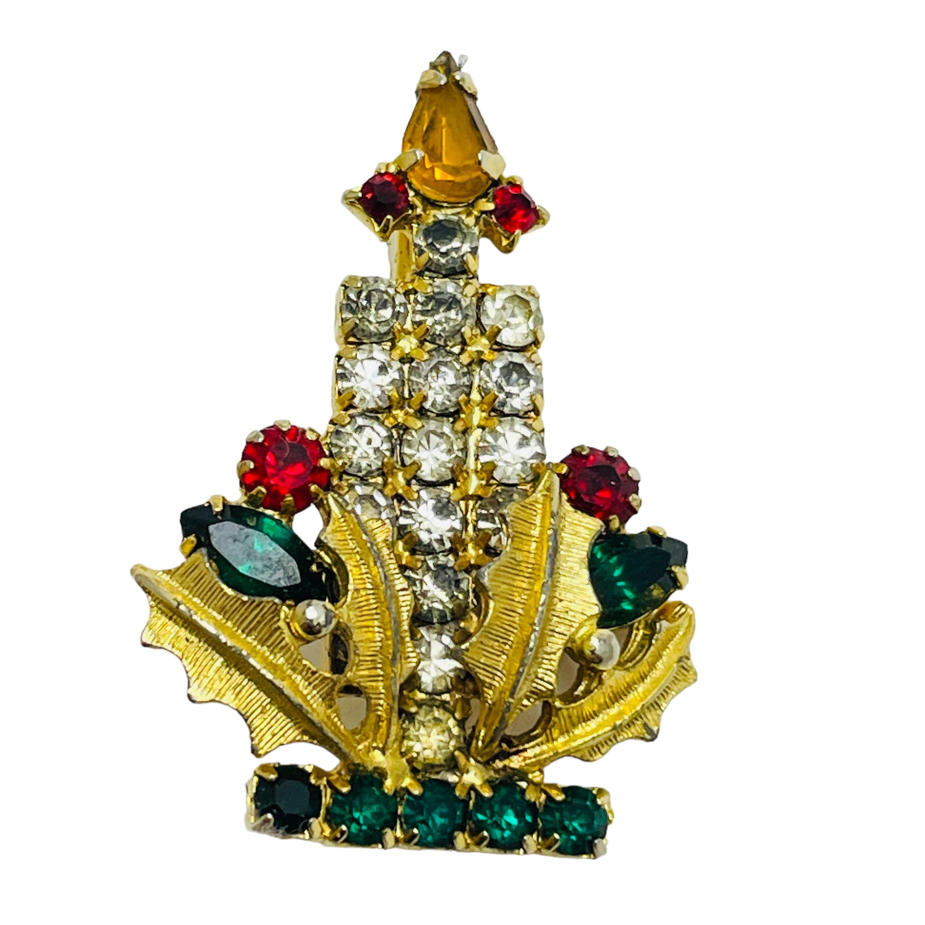 Spilla per candela natalizia vintage con strass in tonalità oro