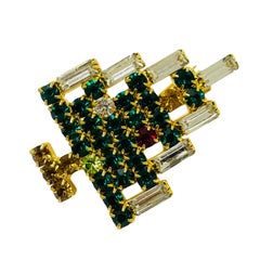 Vintage gold tone rhinestone Christmas tree designer brooch