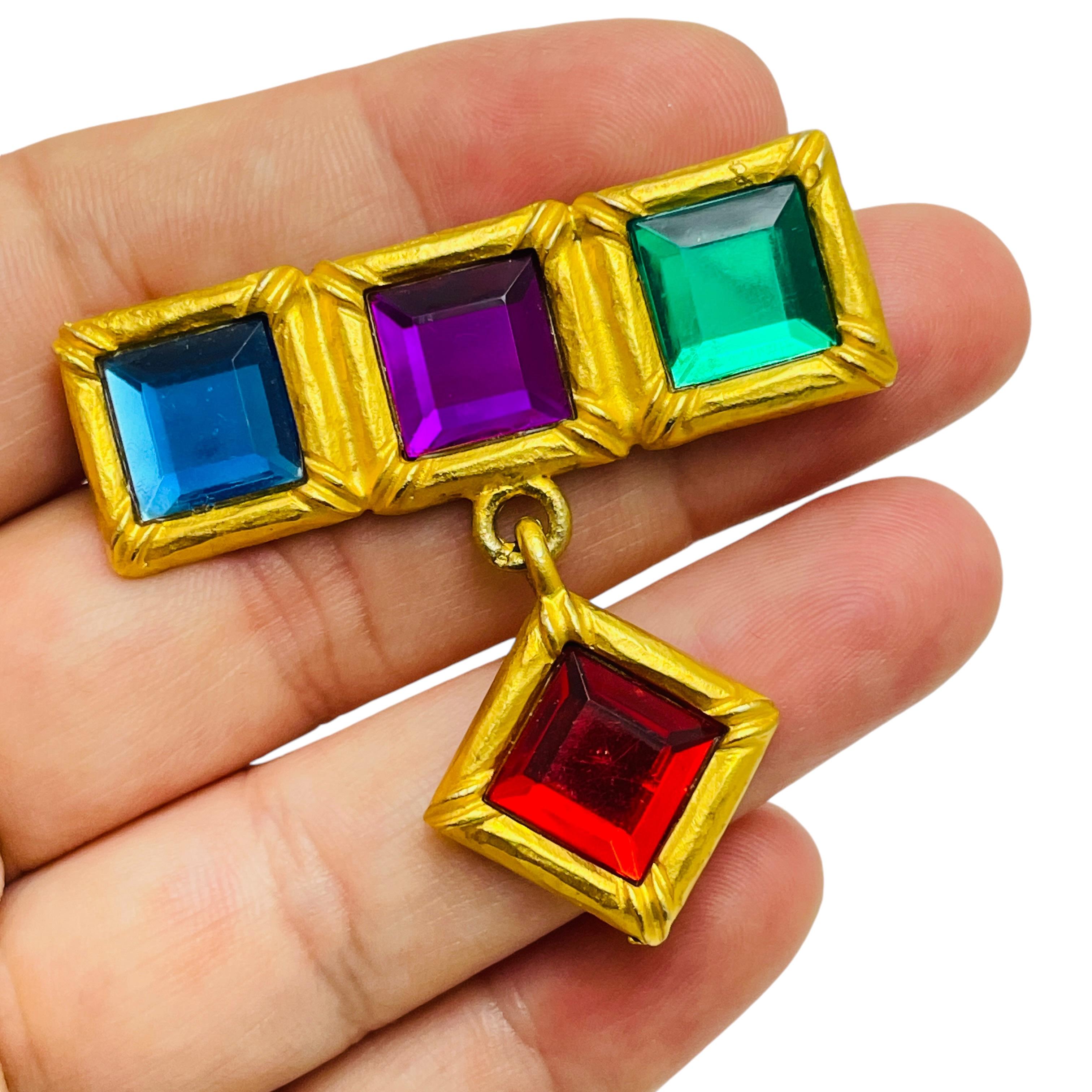 Women's Vintage gold tone rhinestone dangle designer brooch For Sale