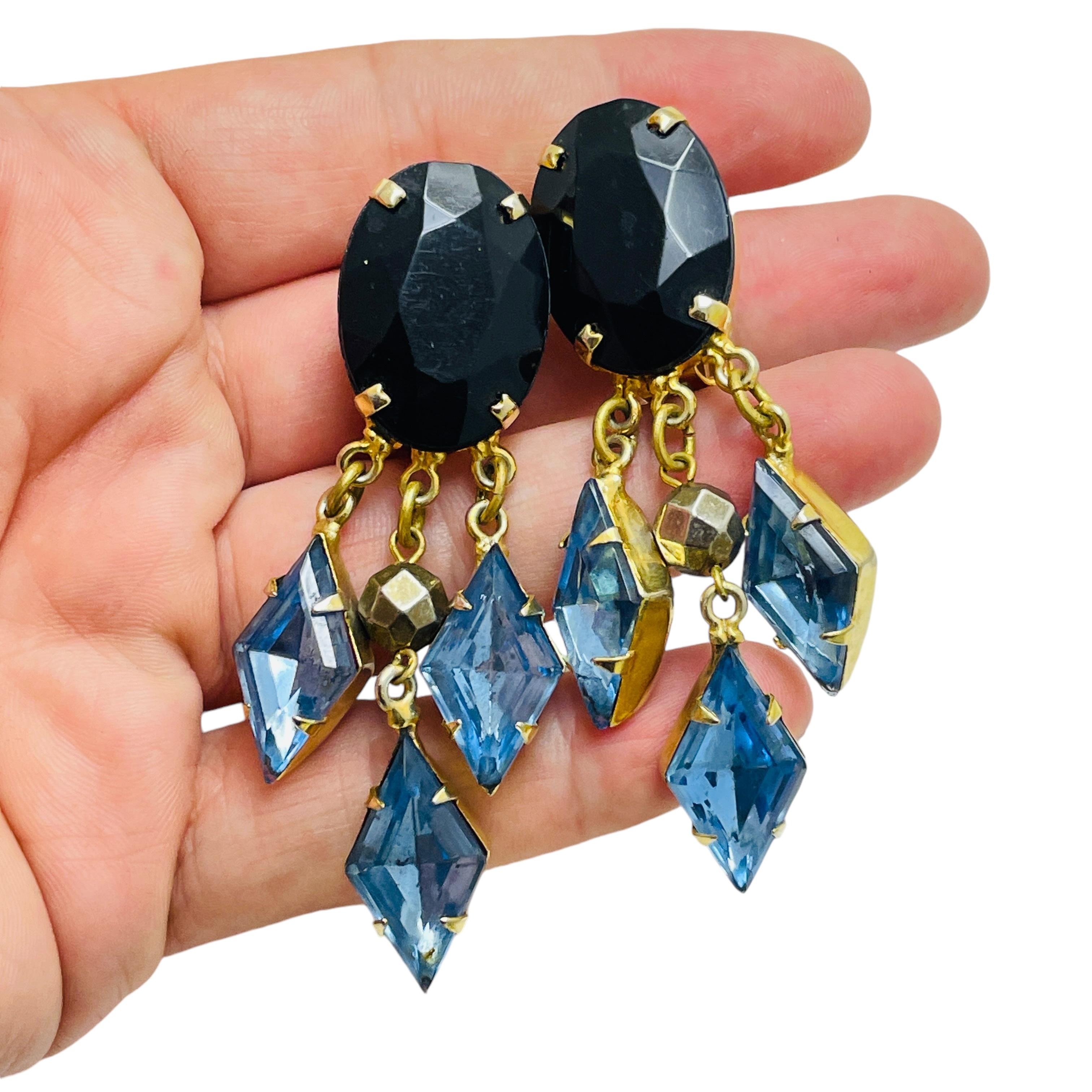 Women's Vintage gold tone rhinestone dangle designer clip on earrings For Sale