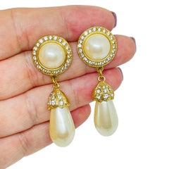 Vintage gold tone rhinestone dangle faux pearl 80's designer post earrings