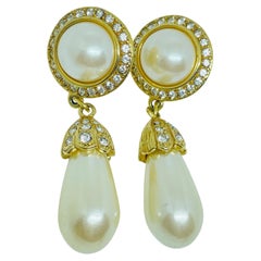 Vintage Gold Ton Strass baumeln faux Perle 80er Jahre Designer Post Ohrringe