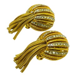 Vintage gold tone rhinestone dangle fringe chain designer clip on earrings
