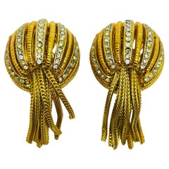 Vintage gold tone rhinestone dangle fringe chain designer clip on earrings