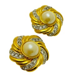 Vintage gold tone rhinestone designer runway clip on earrings