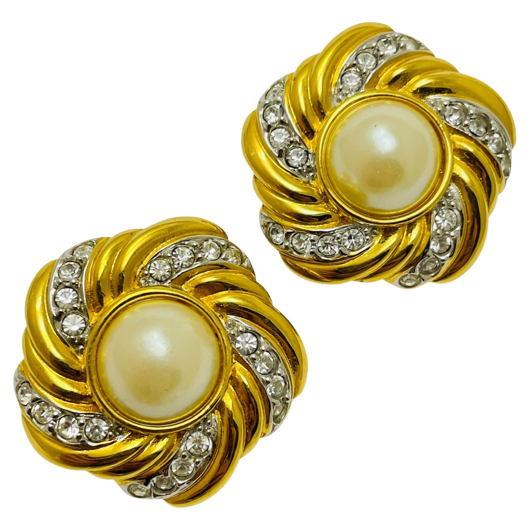 Vintage gold tone rhinestone designer runway clip on earrings