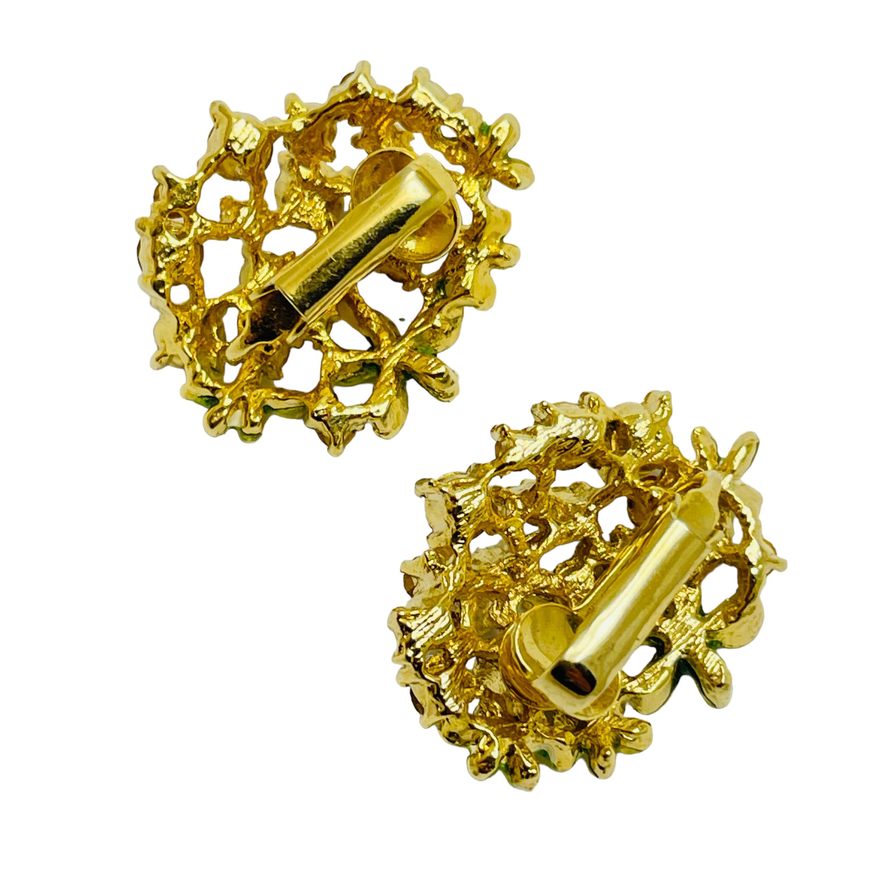 Vintage gold tone rhinestone enamel designer clip on earrings In Good Condition For Sale In Palos Hills, IL