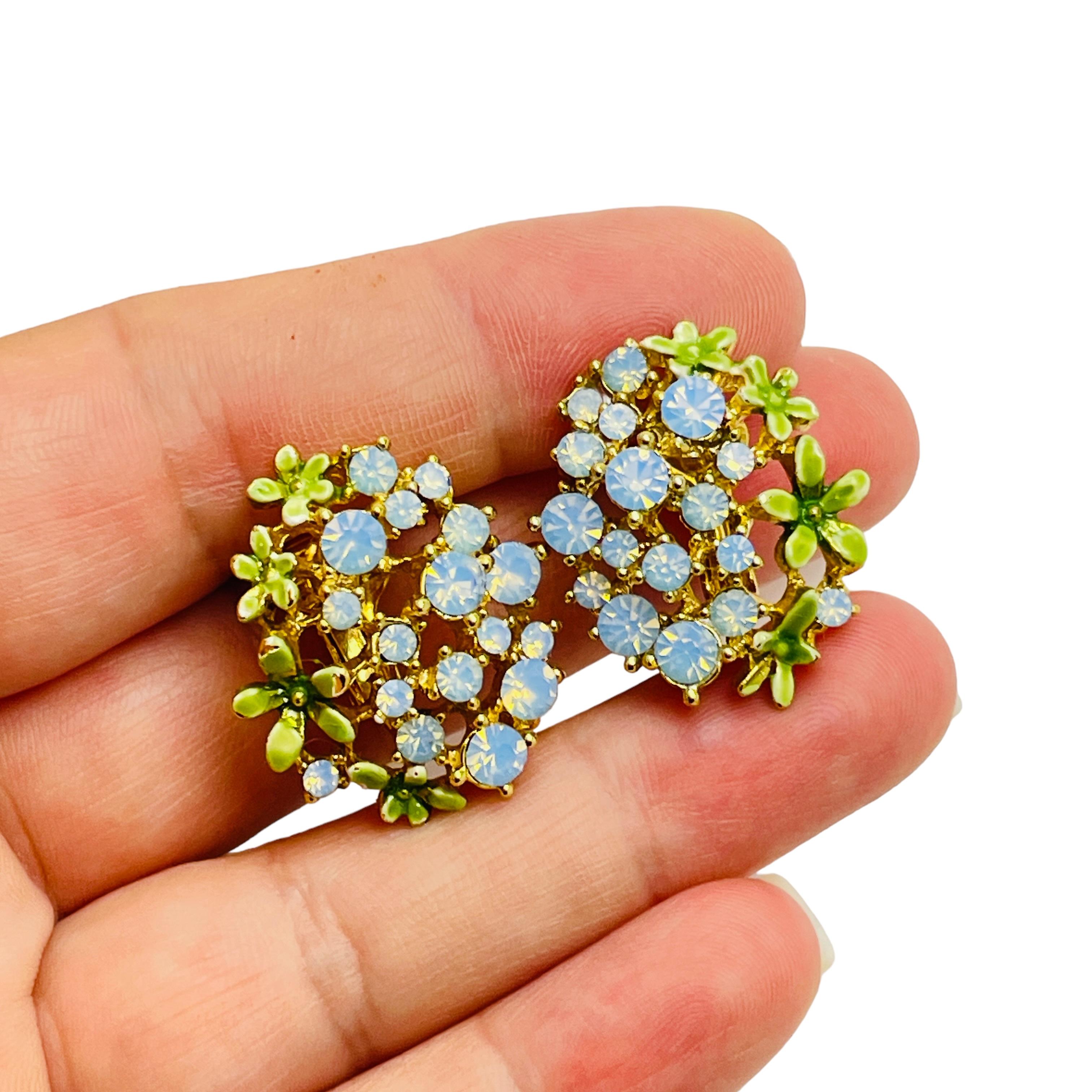 Women's Vintage gold tone rhinestone enamel designer clip on earrings For Sale