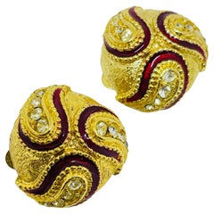 Vintage gold tone rhinestone enamel designer clip on earrings