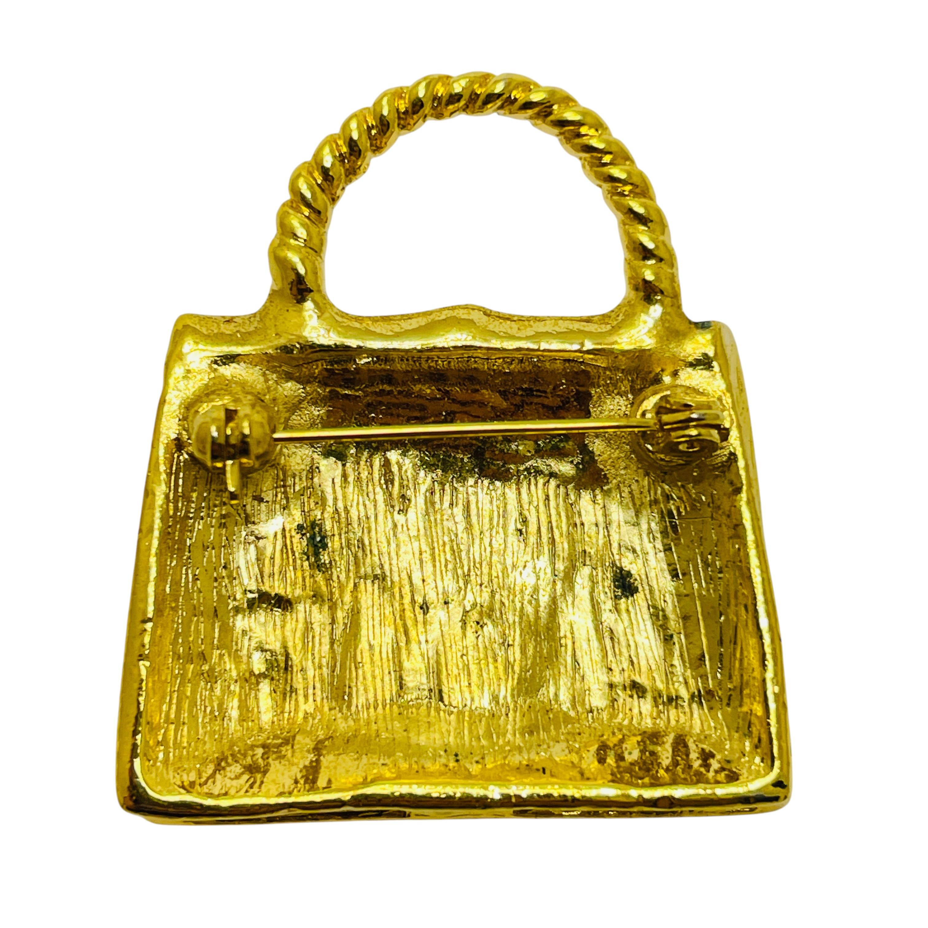 Vintage gold tone rhinestone enamel designer purse bag brooch In Good Condition For Sale In Palos Hills, IL