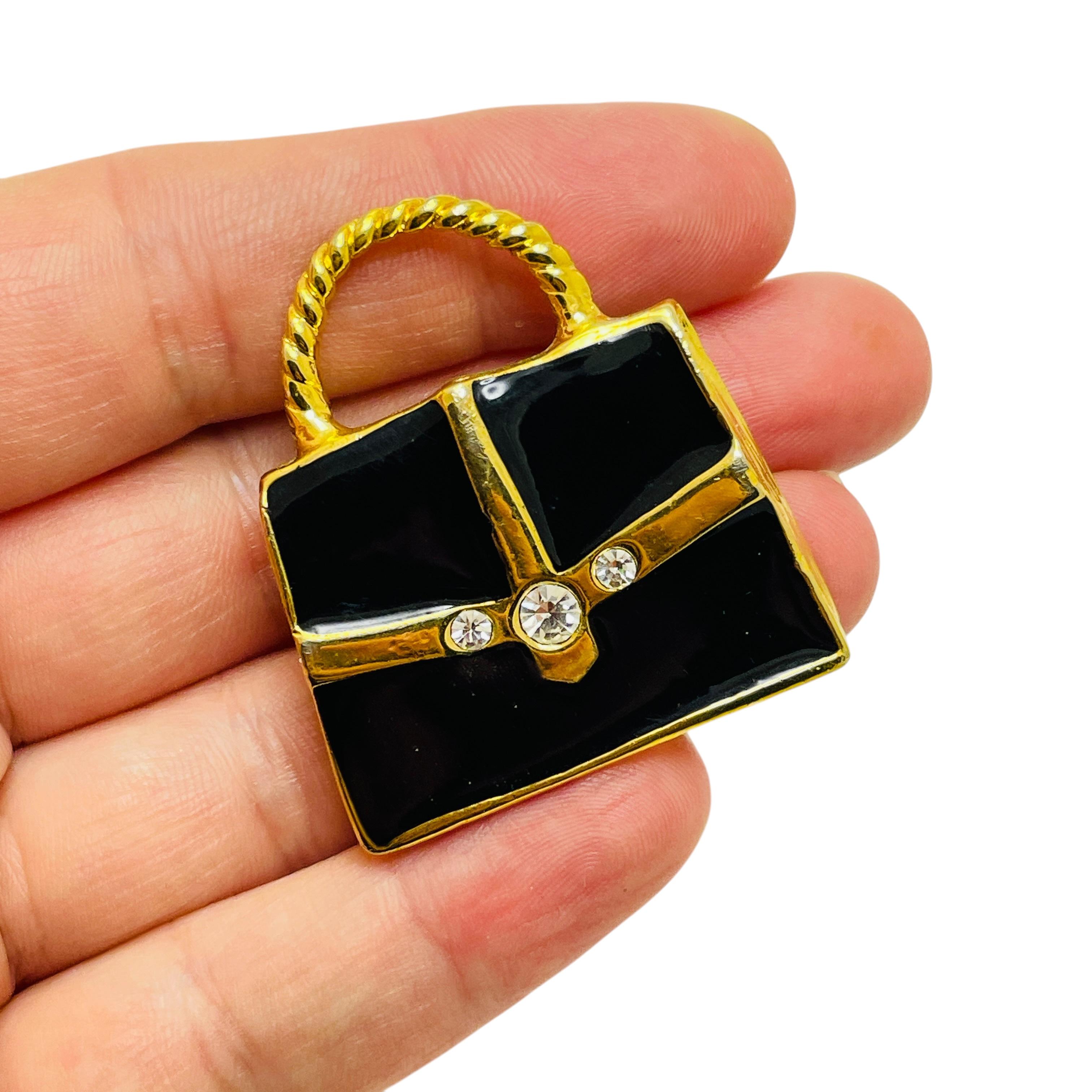 Women's Vintage gold tone rhinestone enamel designer purse bag brooch For Sale