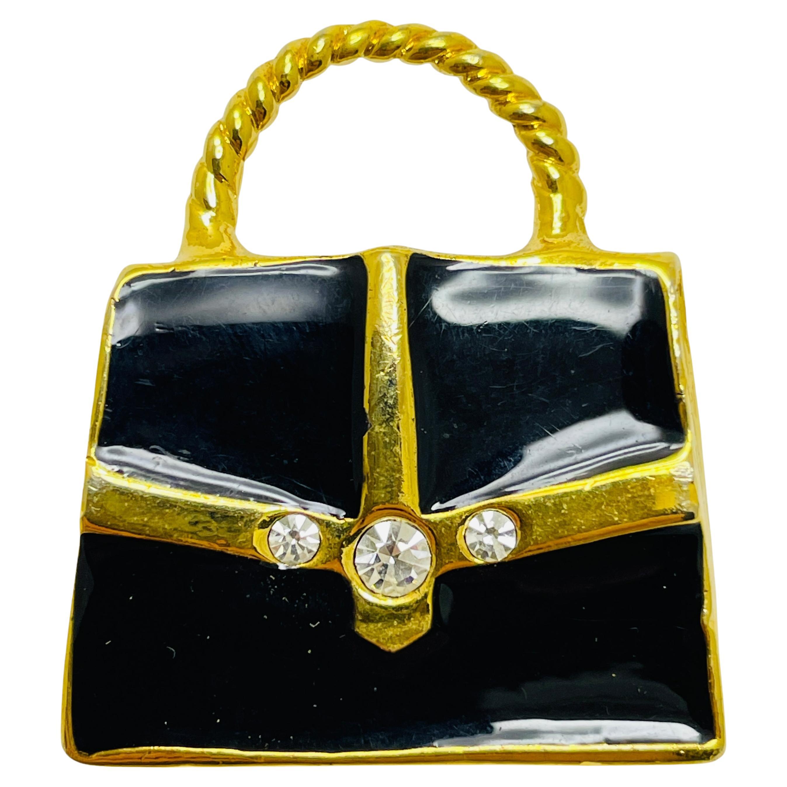 Vintage gold tone rhinestone enamel designer purse bag brooch For Sale