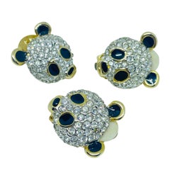 Vintage gold tone rhinestone enamel panda bear pin earrings set