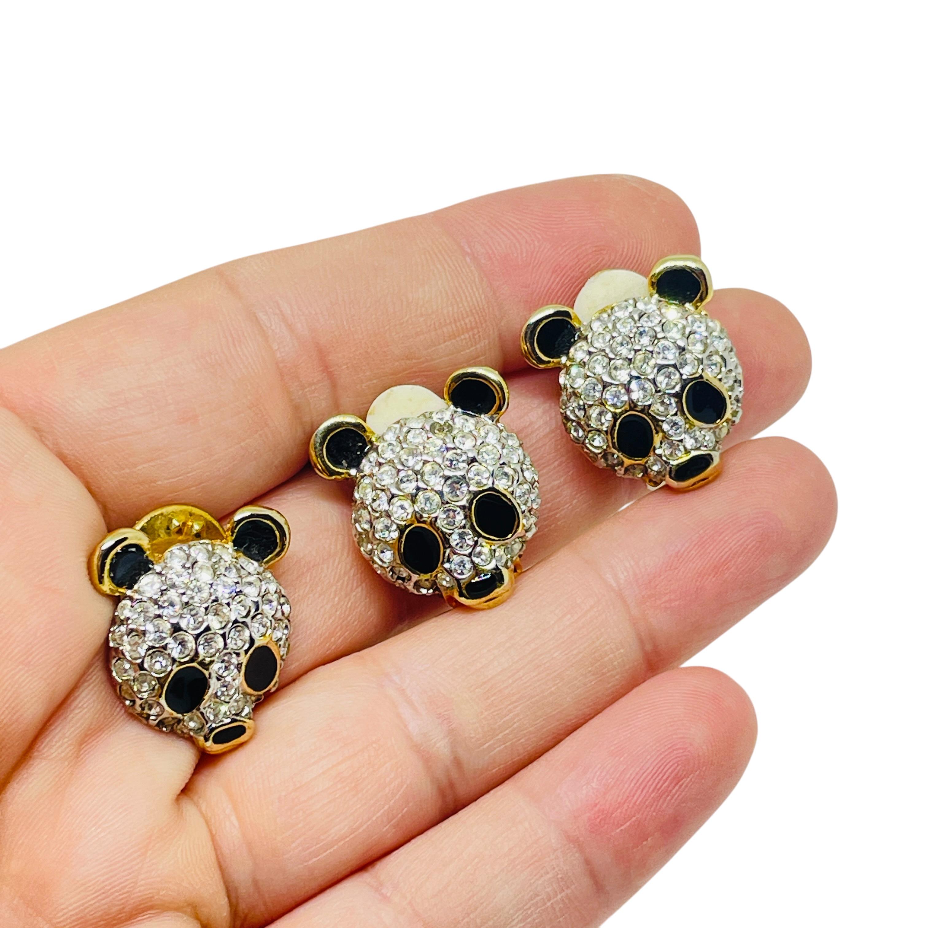 Women's Vintage gold tone rhinestone enamel panda bear pin earrings set For Sale