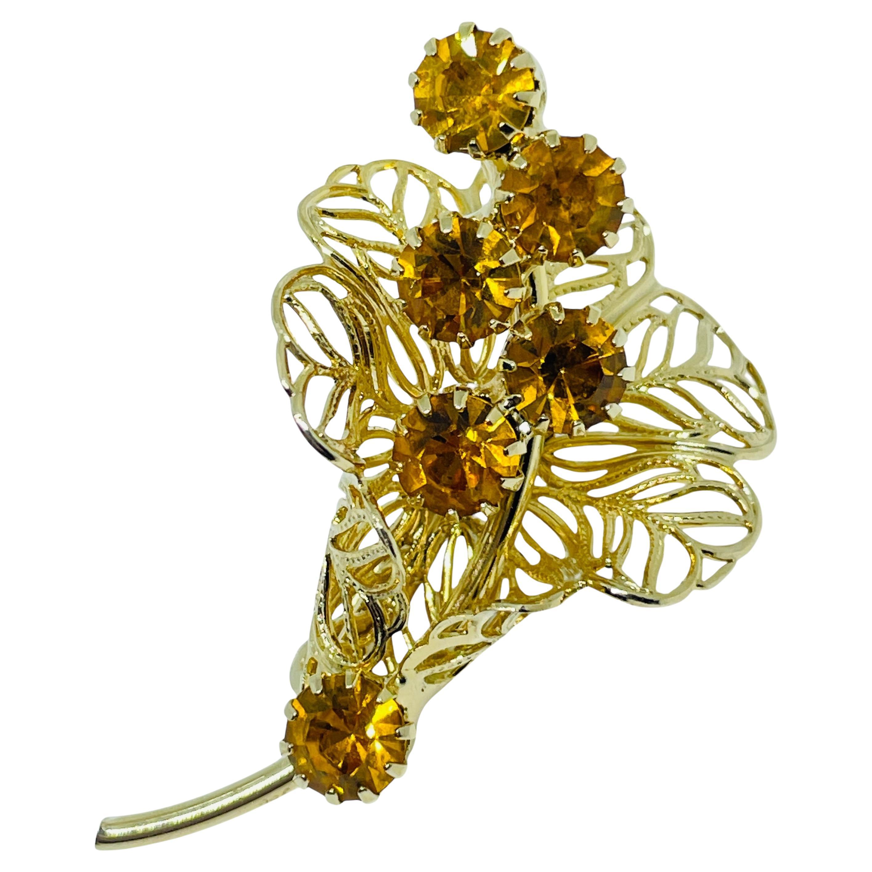 Vintage Goldton Strass Blume Designer Brosche