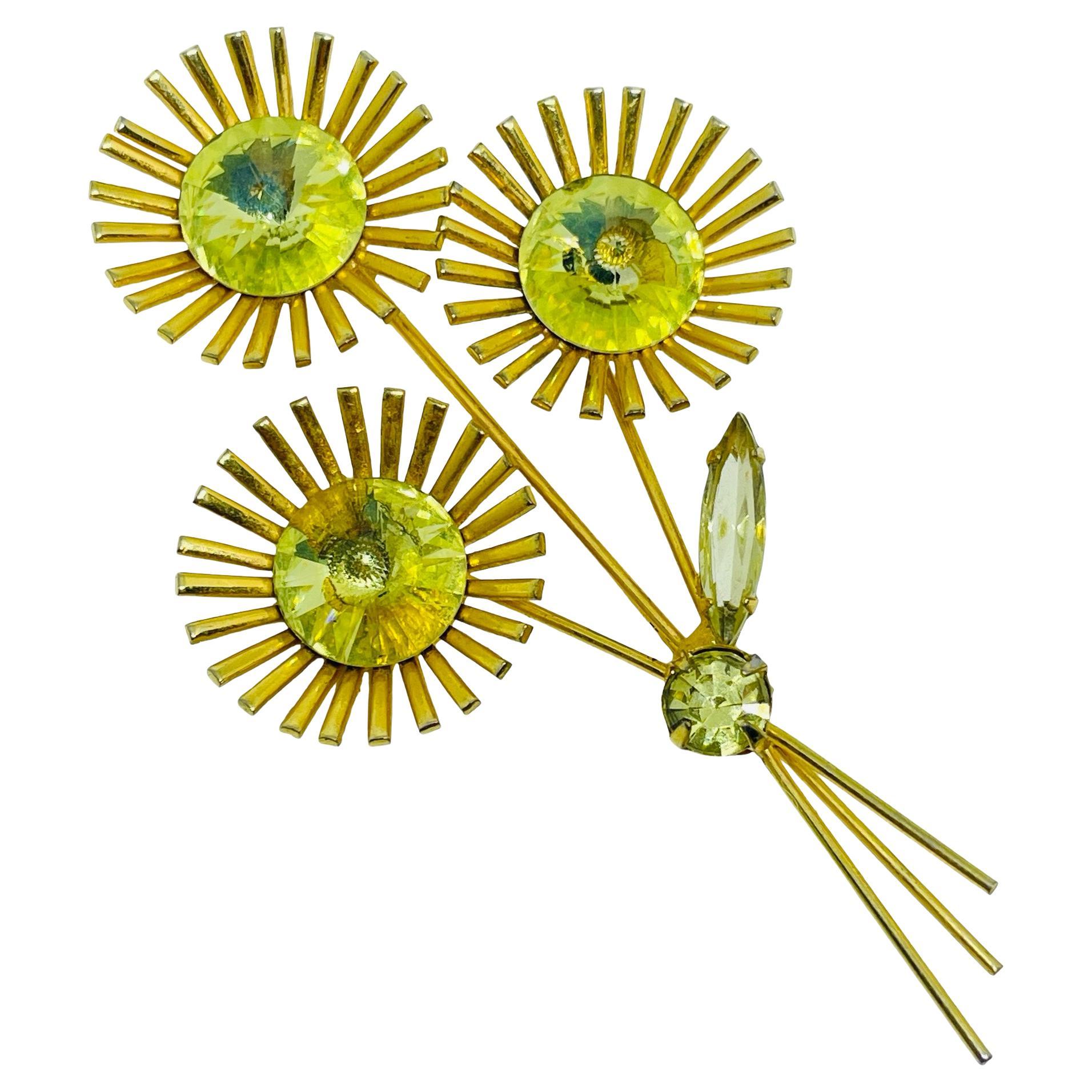 Vintage gold tone rhinestone flower designer brooch