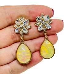 Vintage gold tone rhinestone glass opal designer dangle earrings