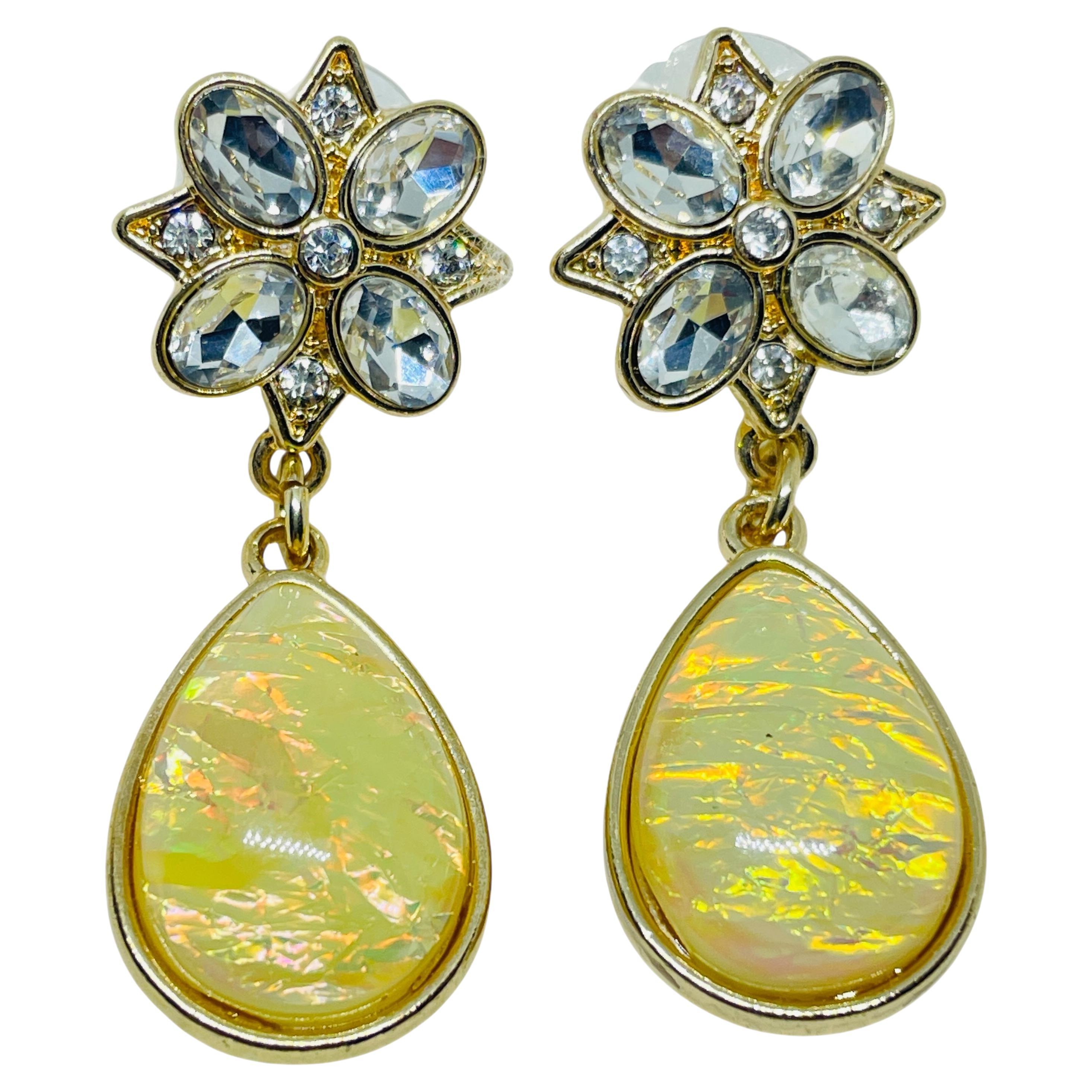 Vintage Gold Ton Strass Glas Opal Designer baumeln Ohrringe im Angebot