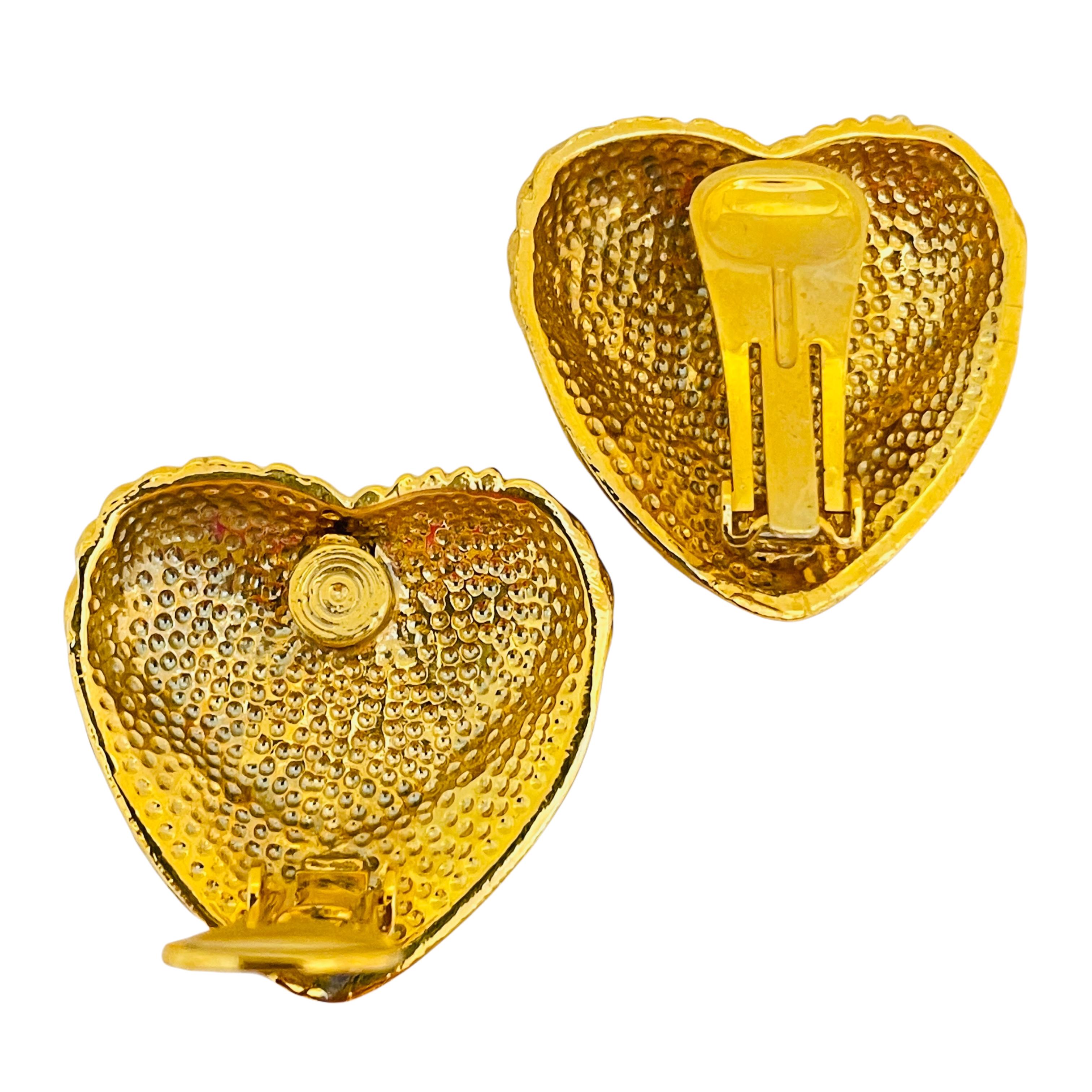 Women's Vintage gold tone rhinestone heart clip on designer earrings For Sale