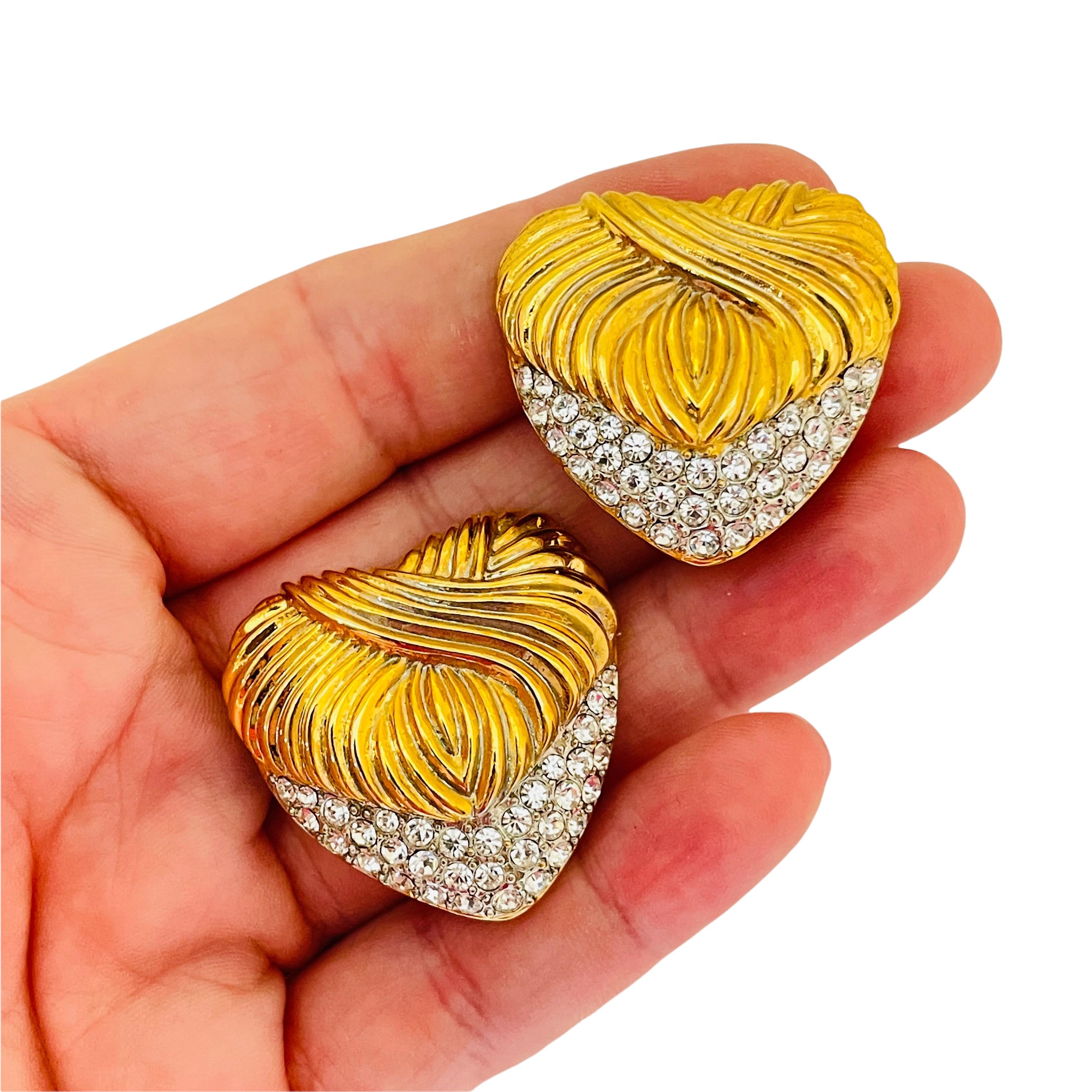 Vintage gold tone rhinestone heart clip on designer earrings For Sale 1