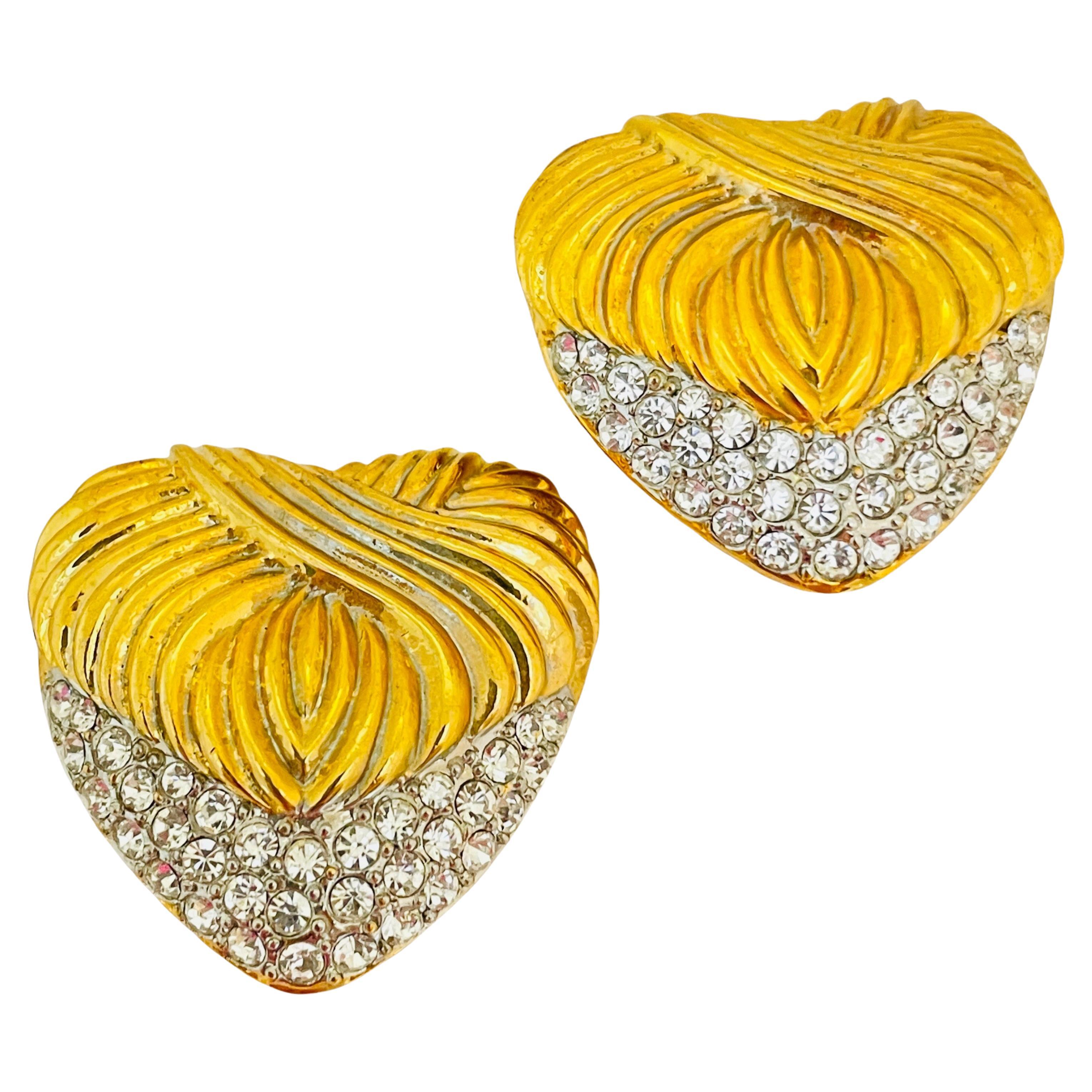 Vintage gold tone rhinestone heart clip on designer earrings