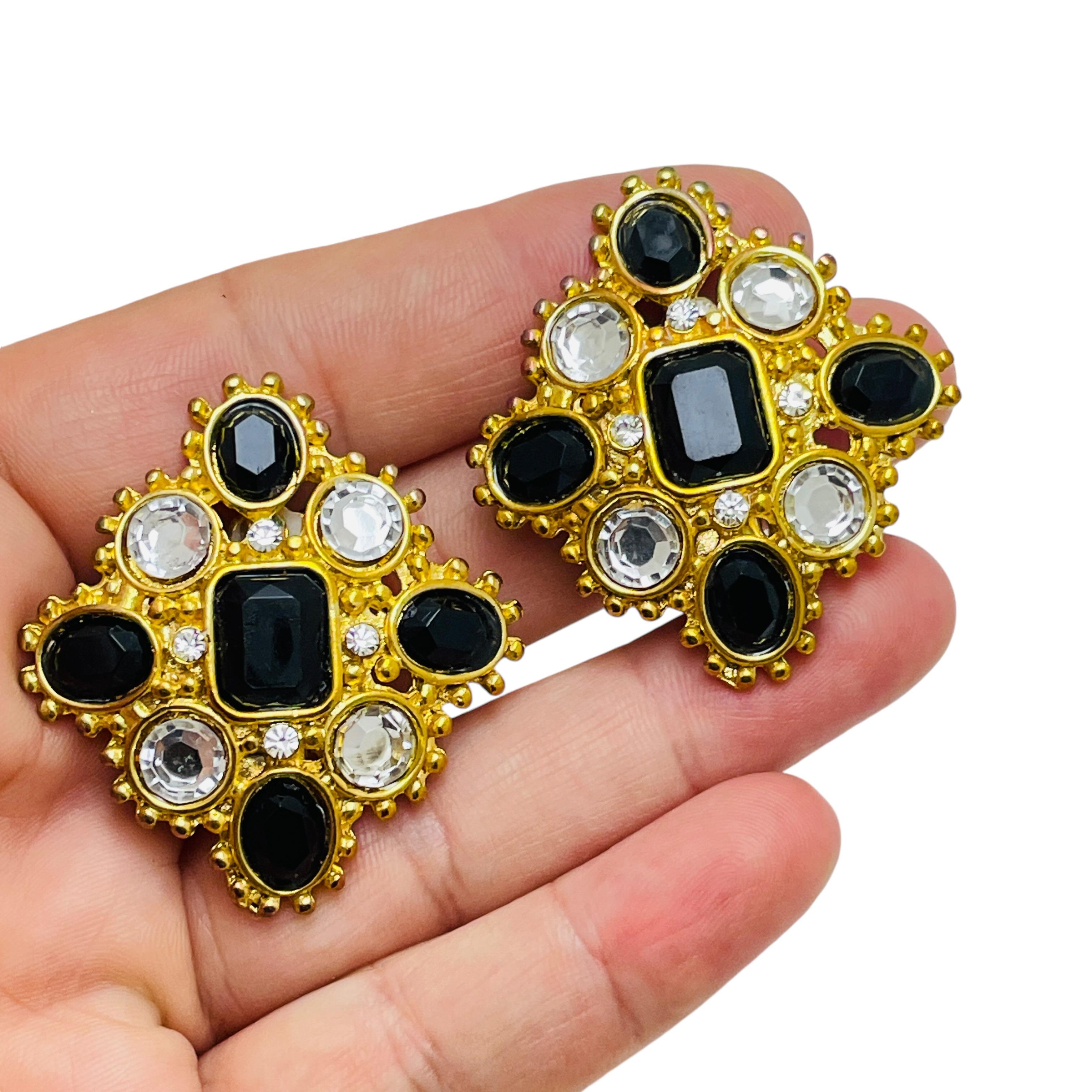 Women's Vintage gold tone rhinestone maltese cross designer clip on earrings For Sale