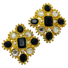 Vintage gold tone rhinestone maltese cross designer clip on earrings