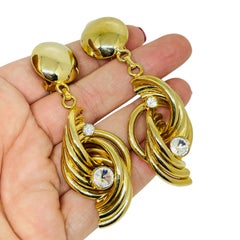 Vintage gold tone rhinestone massive 80's designer clip on dangle earrings