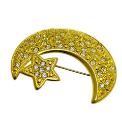Vintage gold tone rhinestone moon star designer brooch