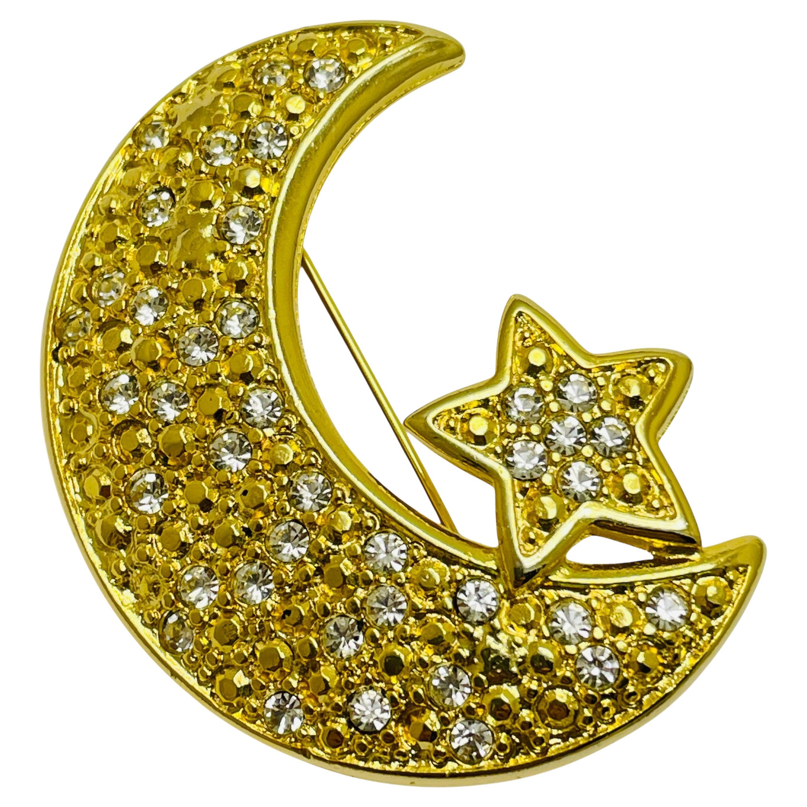 Vintage gold tone rhinestone moon star designer brooch