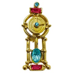 Vintage gold tone rhinestone small clock designer brooch