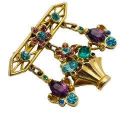 Vintage gold tone rhinestone small dangle designer brooch