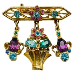 Vintage gold tone rhinestone small dangle designer brooch