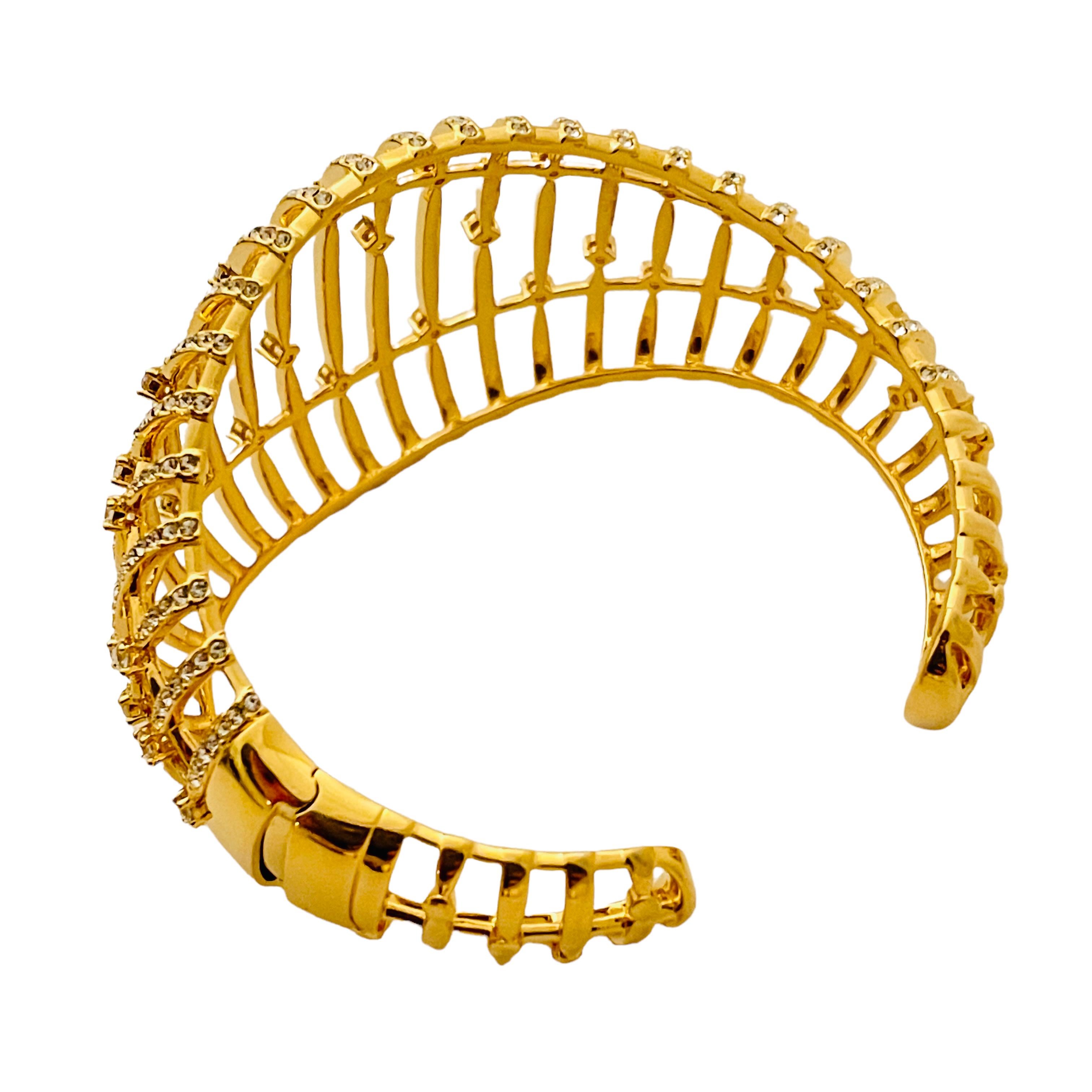 Women's or Men's Vintage gold tone rhinestone wide domed designer cuff bracelet For Sale