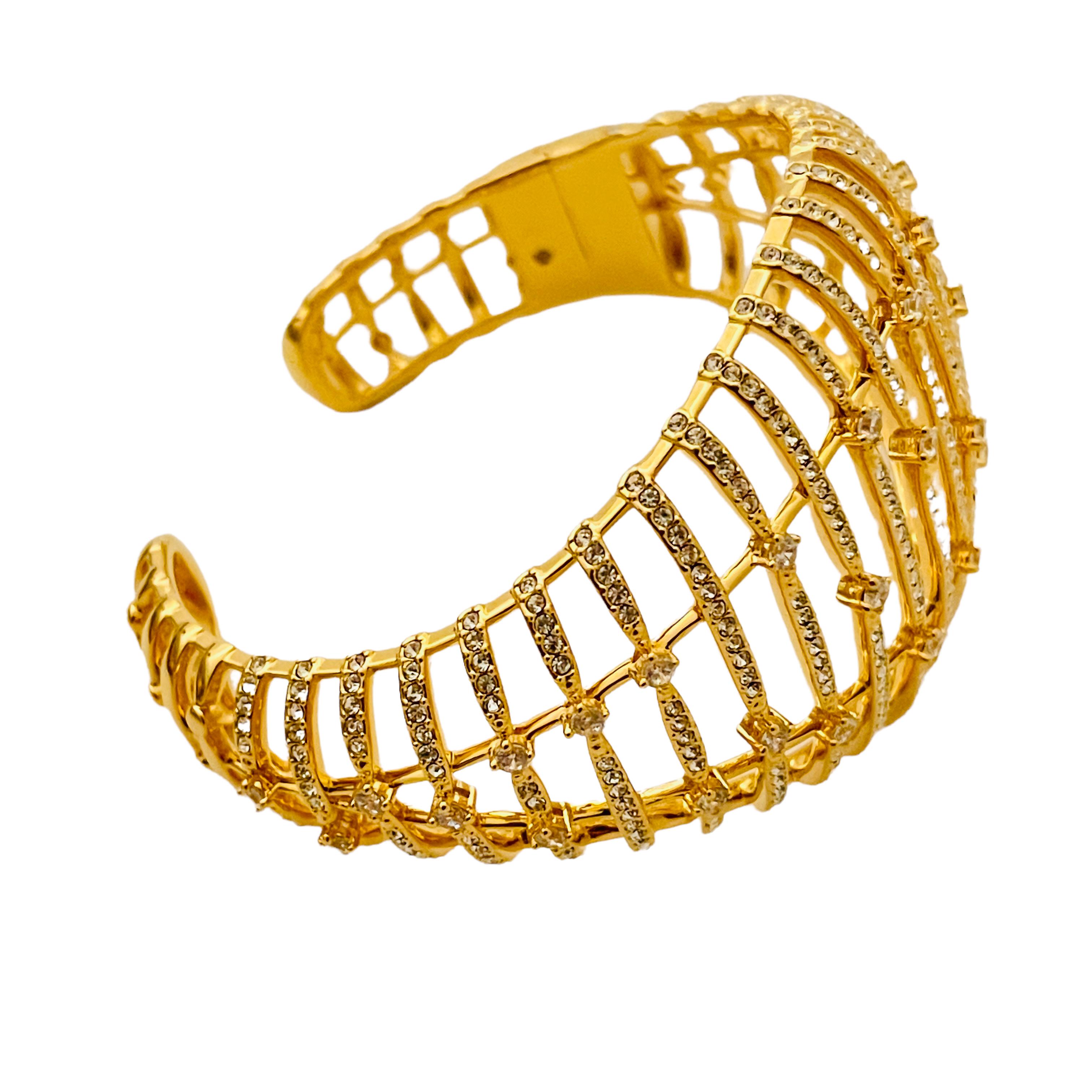 Vintage gold tone rhinestone wide domed designer cuff bracelet For Sale 1