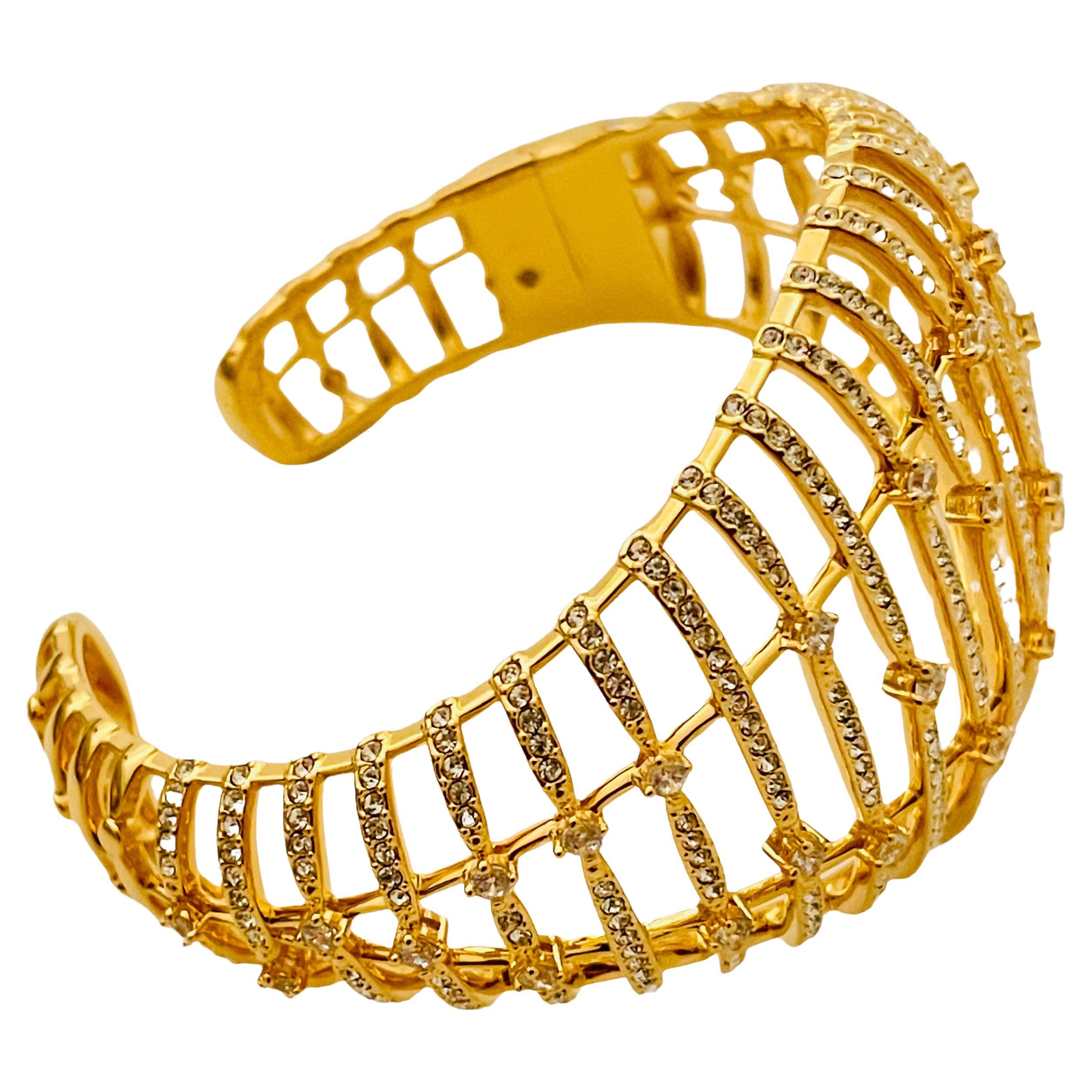 Vintage gold tone rhinestone wide domed designer cuff bracelet For Sale