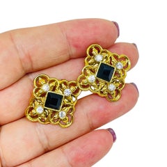 Vintage gold tone rhinestones 80's designer clip on earrings