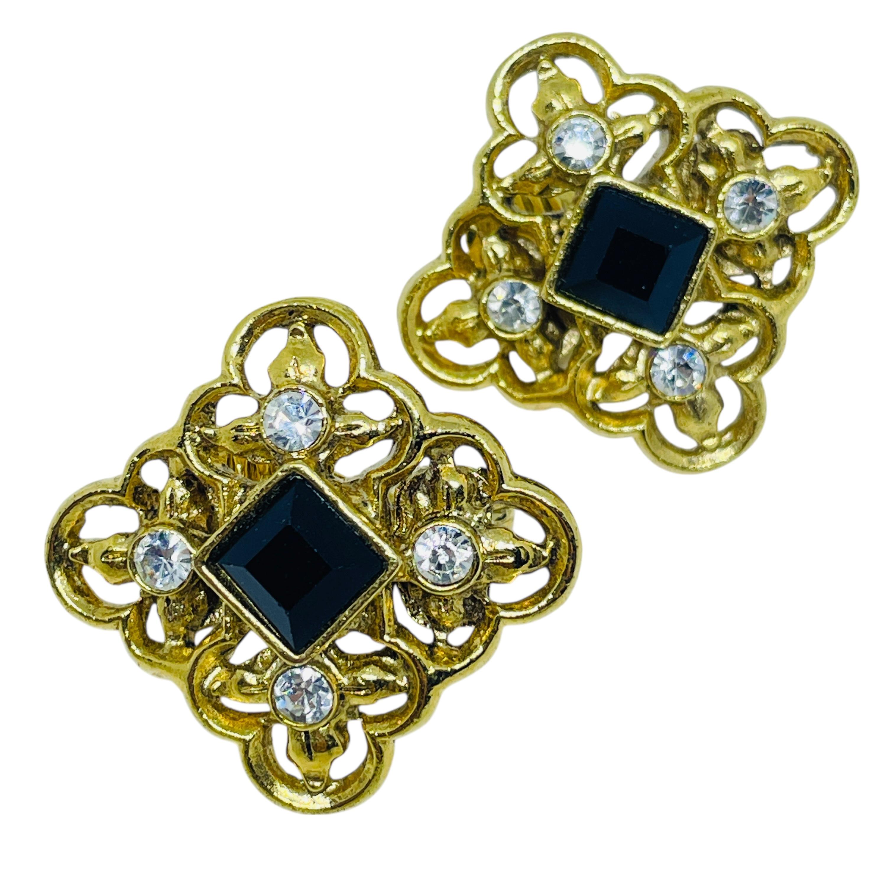 Women's or Men's Vintage gold tone rhinestones 80's designer clip on earrings For Sale