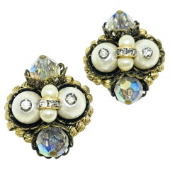 Vintage Gold Ton Strass ab Kristall faux Perlen Designer Clip auf Ohrringe