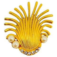 Vintage gold tone rhinestones abstract designer brooch