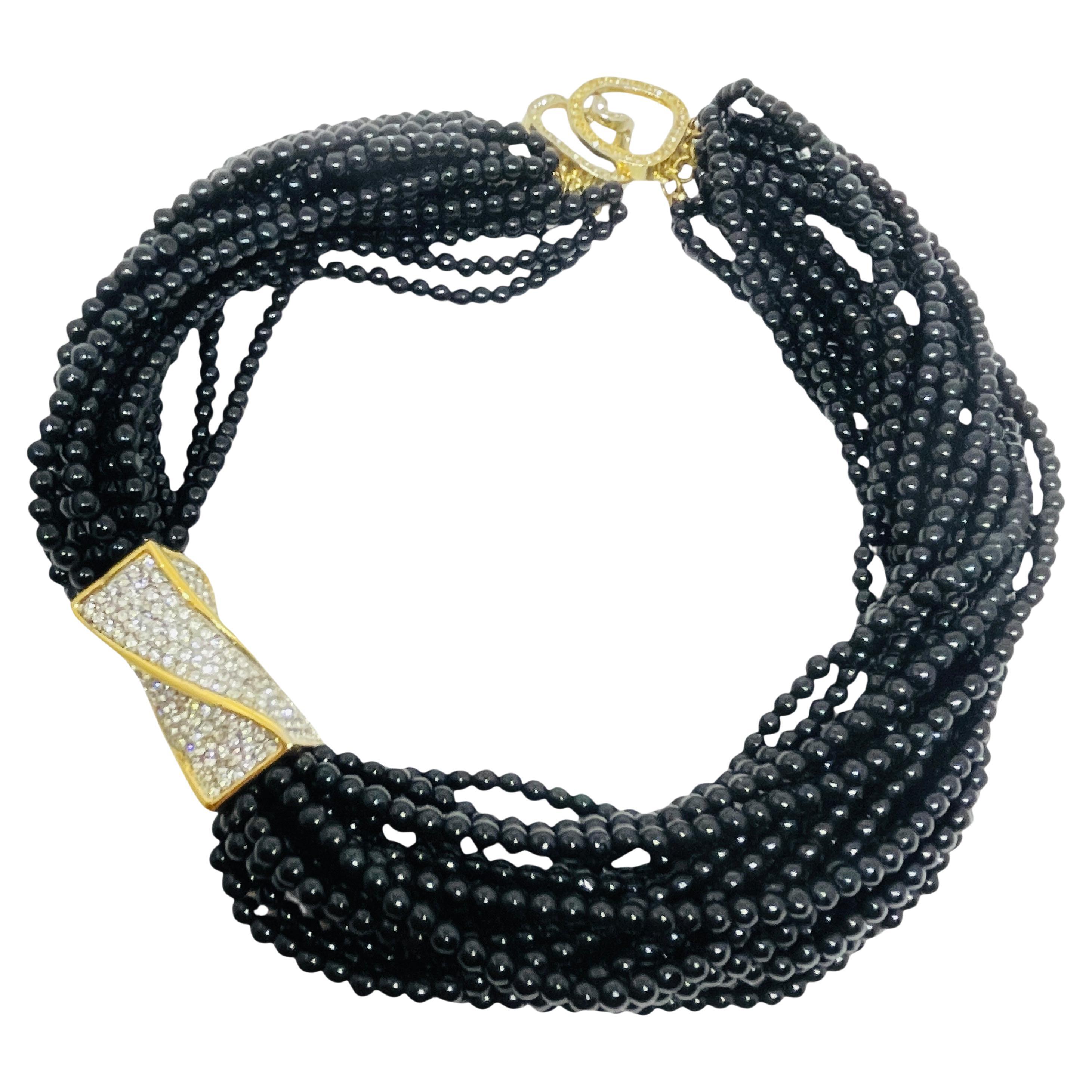 Collana girocollo con perline vintage in vetro nero e strass in tono dorato