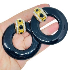 Vintage gold tone rhinestones black resin door knocker 80's clip on earrings