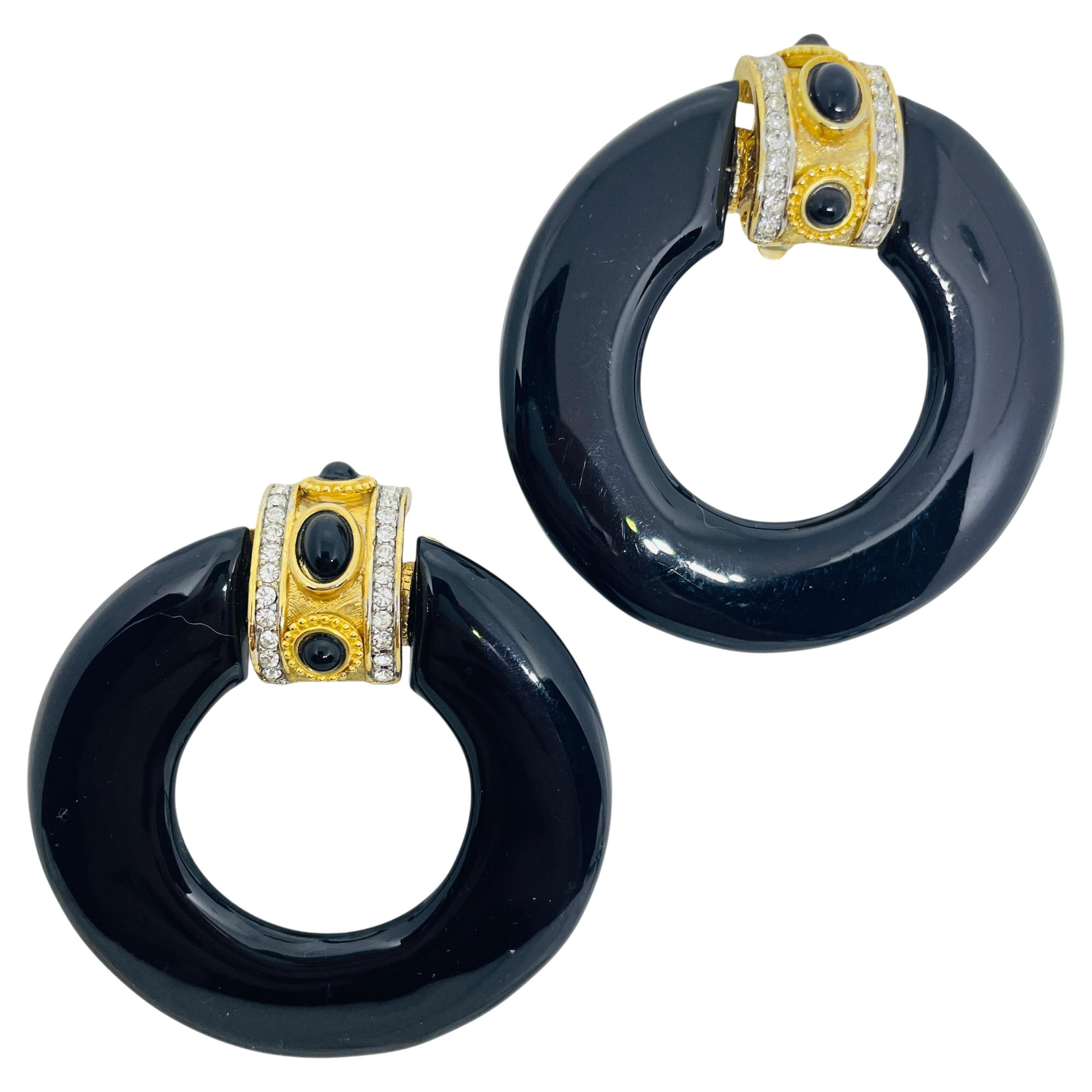 Vintage Gold Ton Strass schwarz Harz Türklopfer 80er Jahre Clip auf Ohrringe