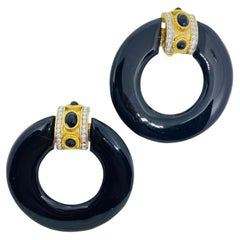 Vintage Gold Ton Strass schwarz Harz Türklopfer 80er Jahre Clip auf Ohrringe